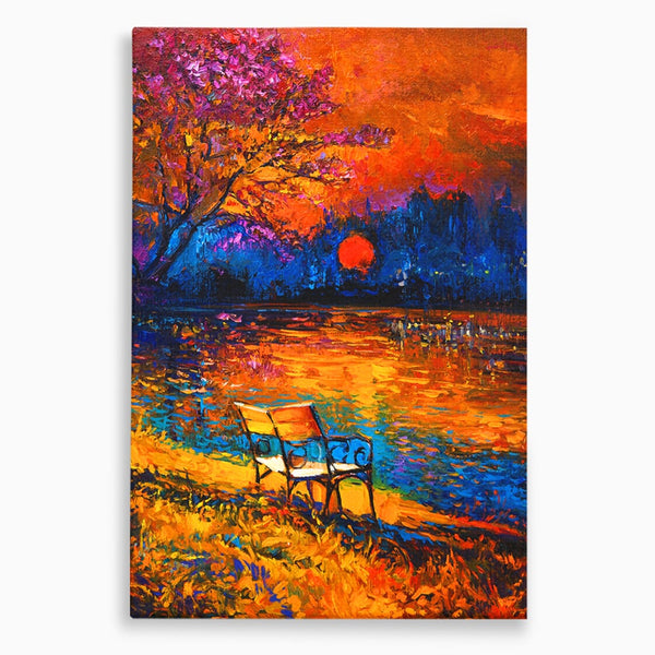 Leinwandbilder Premium LuxCanva® B1127, Sonnenuntergang am See, Farben, See, Bank, Wohnzimmer, Sonnenuntergang, Inspirierend, Schlafzimmer, Lebendige Farben