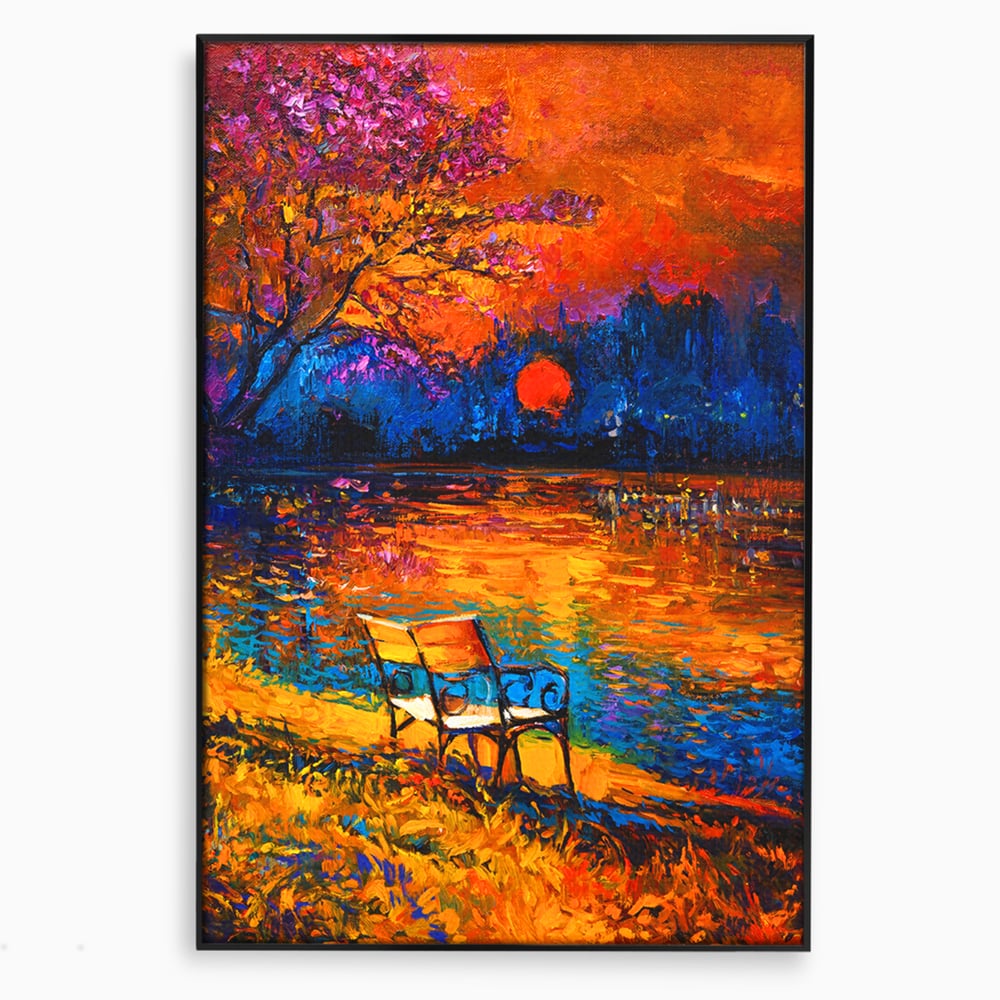 Tablou Canvas Premium LuxCanva® B1127, Apus Pe Lac , Culori, Lac, Banca, Living Room, Apus, Inspirational, Dormitor, Culori Vibrante
