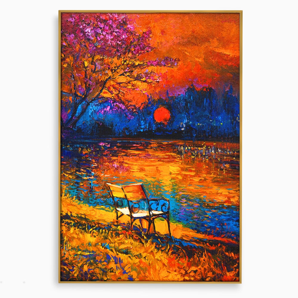 Tablou Canvas Premium LuxCanva® B1127, Apus Pe Lac , Culori, Lac, Banca, Living Room, Apus, Inspirational, Dormitor, Culori Vibrante