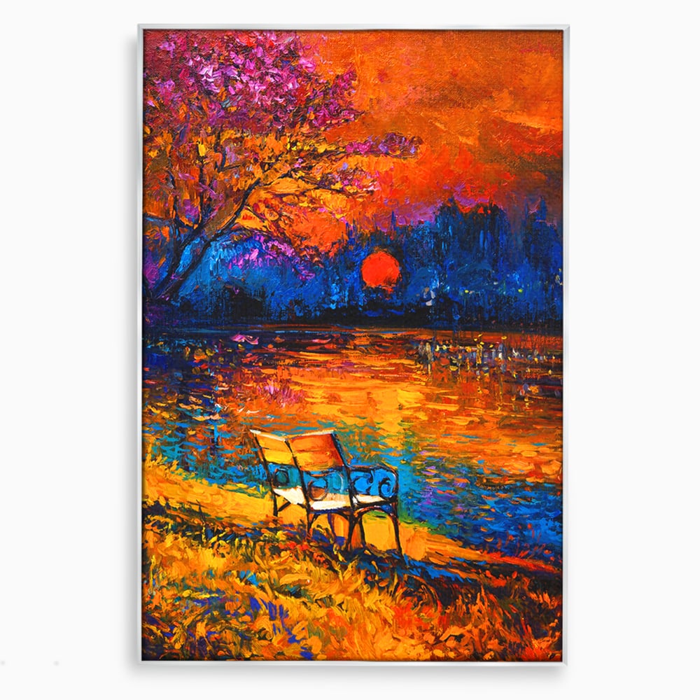Tablou Canvas Premium LuxCanva® B1127, Apus Pe Lac , Culori, Lac, Banca, Living Room, Apus, Inspirational, Dormitor, Culori Vibrante