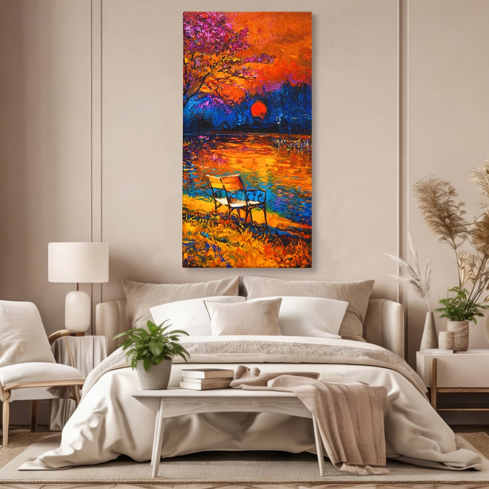 Tablou Canvas Premium LuxCanva® B1127, Apus Pe Lac , Culori, Lac, Banca, Living Room, Apus, Inspirational, Dormitor, Culori Vibrante