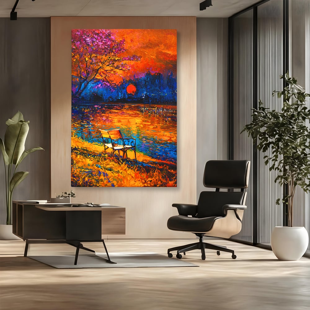 Tablou Canvas Premium LuxCanva® B1127, Apus Pe Lac , Culori, Lac, Banca, Living Room, Apus, Inspirational, Dormitor, Culori Vibrante