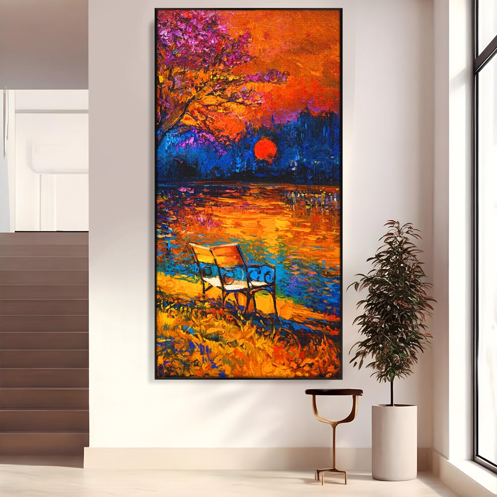 Tablou Canvas Premium LuxCanva® B1127, Apus Pe Lac , Culori, Lac, Banca, Living Room, Apus, Inspirational, Dormitor, Culori Vibrante