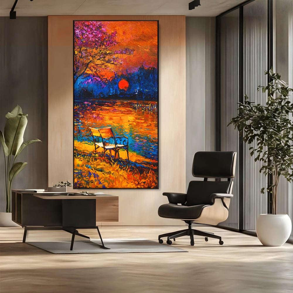 Tablou Canvas Premium LuxCanva® B1127, Apus Pe Lac , Culori, Lac, Banca, Living Room, Apus, Inspirational, Dormitor, Culori Vibrante