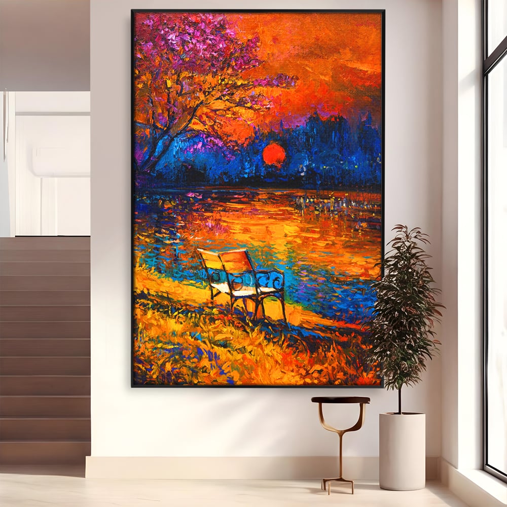 Tablou Canvas Premium LuxCanva® B1127, Apus Pe Lac , Culori, Lac, Banca, Living Room, Apus, Inspirational, Dormitor, Culori Vibrante