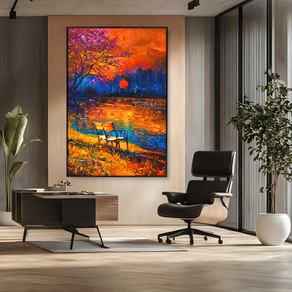 Tablou Canvas Premium LuxCanva® B1127, Apus Pe Lac , Culori, Lac, Banca, Living Room, Apus, Inspirational, Dormitor, Culori Vibrante