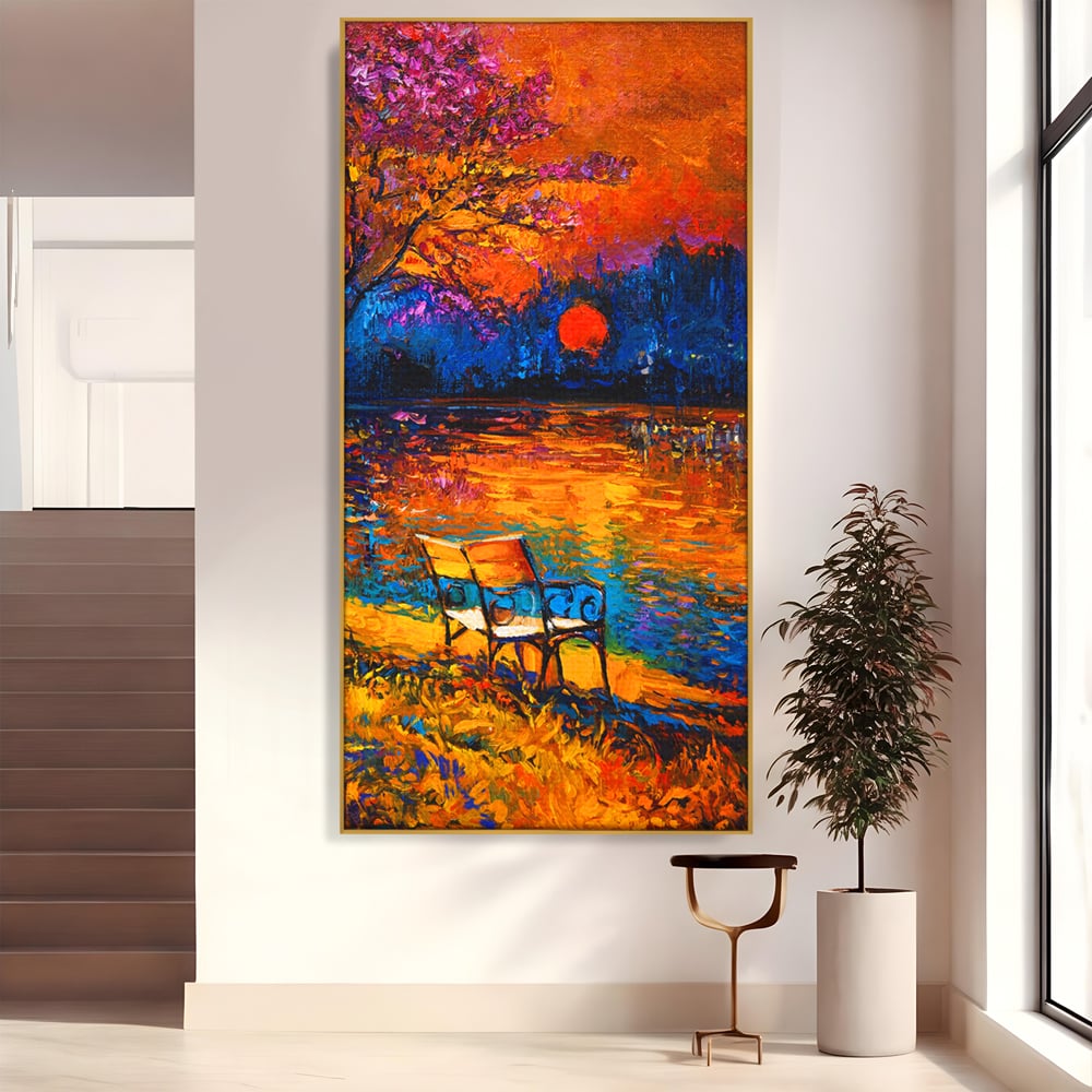 Tablou Canvas Premium LuxCanva® B1127, Apus Pe Lac , Culori, Lac, Banca, Living Room, Apus, Inspirational, Dormitor, Culori Vibrante