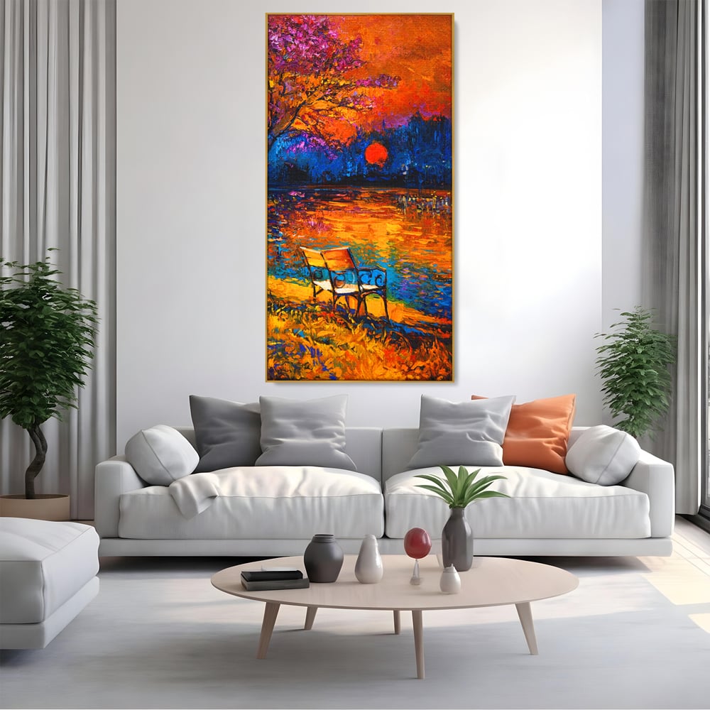 Tablou Canvas Premium LuxCanva® B1127, Apus Pe Lac , Culori, Lac, Banca, Living Room, Apus, Inspirational, Dormitor, Culori Vibrante