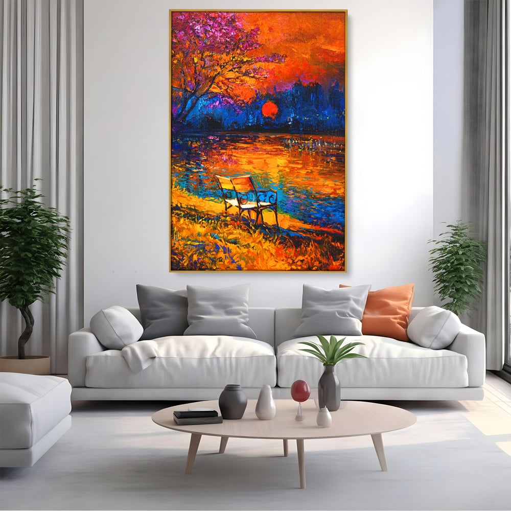 Tablou Canvas Premium LuxCanva® B1127, Apus Pe Lac , Culori, Lac, Banca, Living Room, Apus, Inspirational, Dormitor, Culori Vibrante