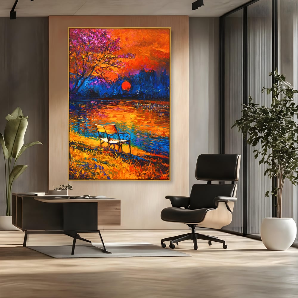 Tablou Canvas Premium LuxCanva® B1127, Apus Pe Lac , Culori, Lac, Banca, Living Room, Apus, Inspirational, Dormitor, Culori Vibrante