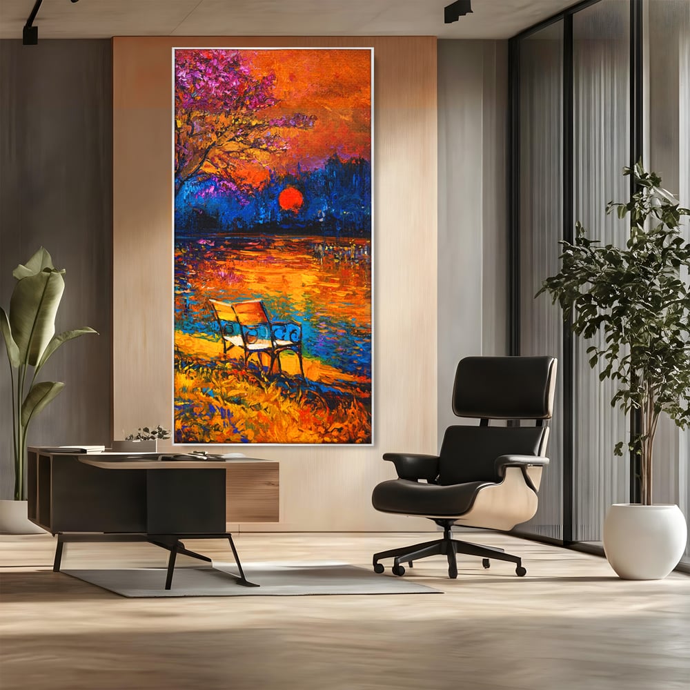 Tablou Canvas Premium LuxCanva® B1127, Apus Pe Lac , Culori, Lac, Banca, Living Room, Apus, Inspirational, Dormitor, Culori Vibrante