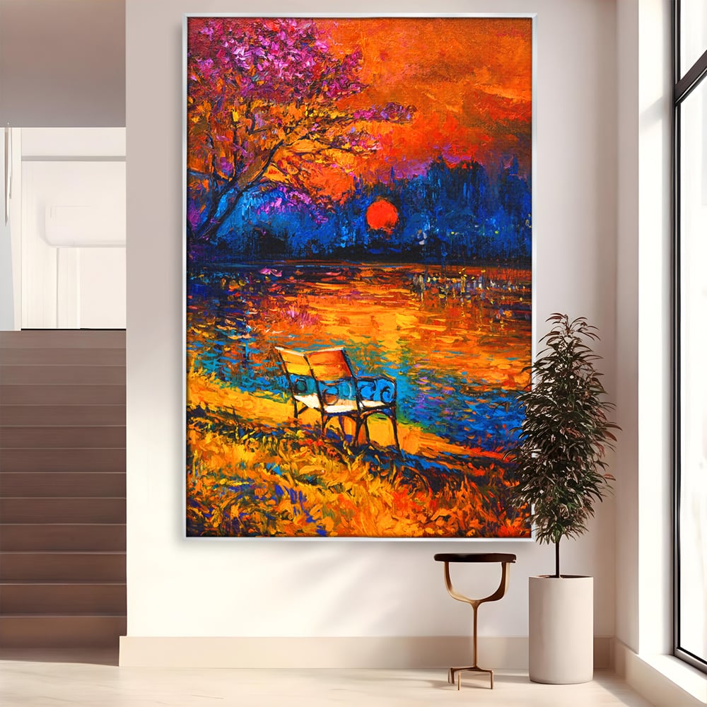 Tablou Canvas Premium LuxCanva® B1127, Apus Pe Lac , Culori, Lac, Banca, Living Room, Apus, Inspirational, Dormitor, Culori Vibrante