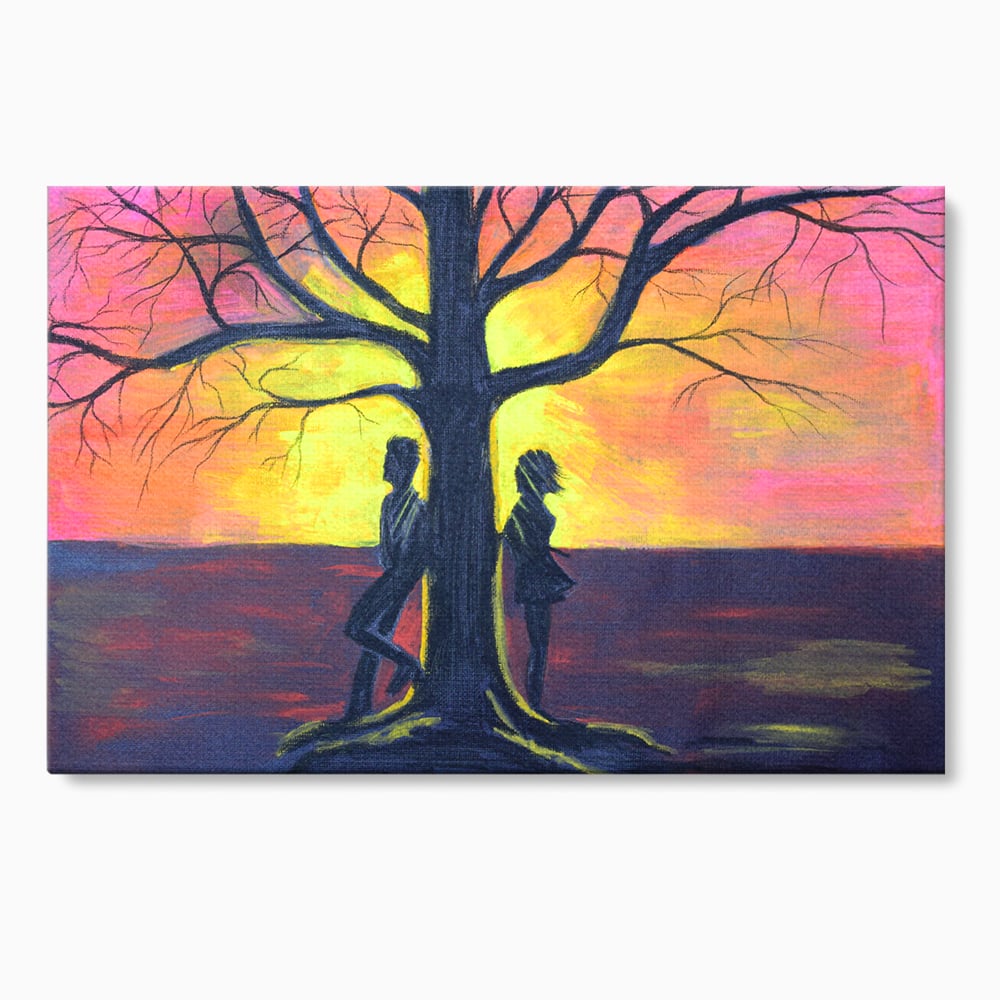 Leinwandbilder Premium LuxCanva® B1129, Paar bei Sonnenuntergang, Sonnenuntergang, Baum, Wohnen, Leben, Liebe, Er und Sie, Schlafzimmer, leuchtende Farben