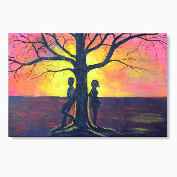 Leinwandbilder Premium LuxCanva® B1129, Paar bei Sonnenuntergang, Sonnenuntergang, Baum, Wohnen, Leben, Liebe, Er und Sie, Schlafzimmer, leuchtende Farben