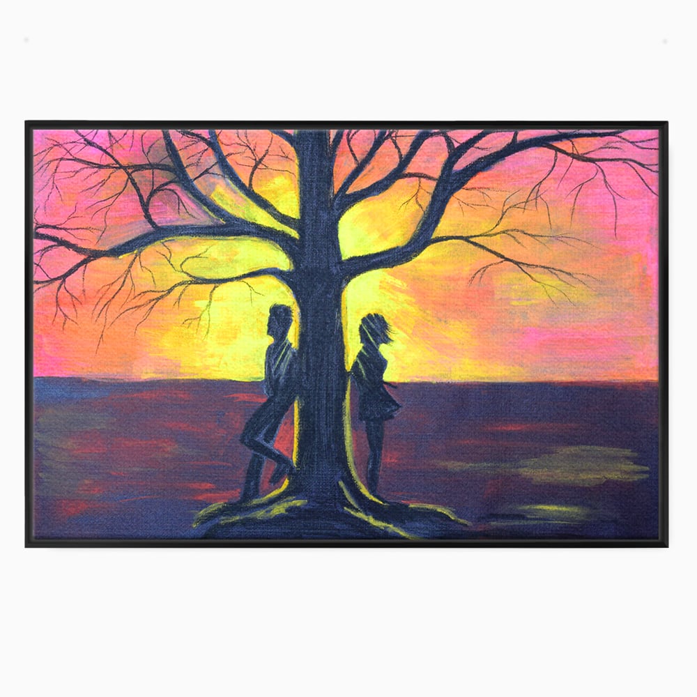 Leinwandbilder Premium LuxCanva® B1129, Paar bei Sonnenuntergang, Sonnenuntergang, Baum, Wohnen, Leben, Liebe, Er und Sie, Schlafzimmer, leuchtende Farben