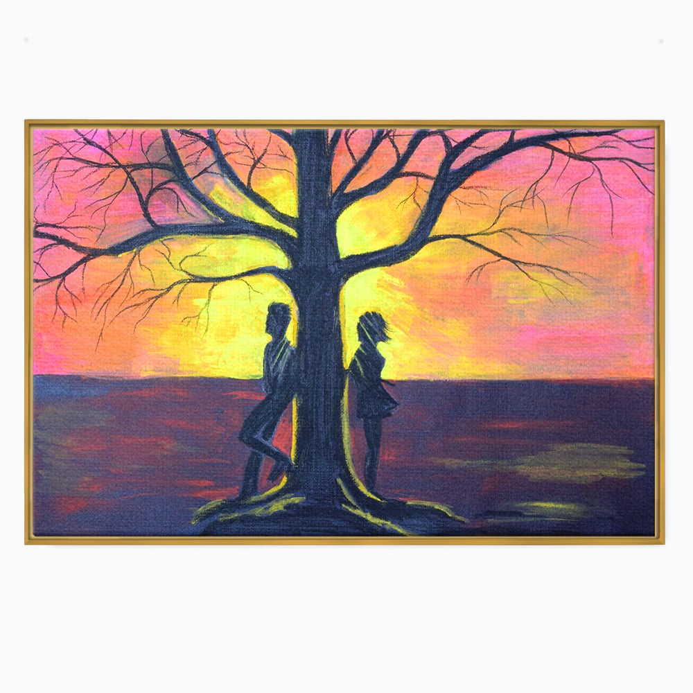 Leinwandbilder Premium LuxCanva® B1129, Paar bei Sonnenuntergang, Sonnenuntergang, Baum, Wohnen, Leben, Liebe, Er und Sie, Schlafzimmer, leuchtende Farben