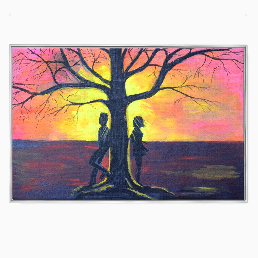 Leinwandbilder Premium LuxCanva® B1129, Paar bei Sonnenuntergang, Sonnenuntergang, Baum, Wohnen, Leben, Liebe, Er und Sie, Schlafzimmer, leuchtende Farben