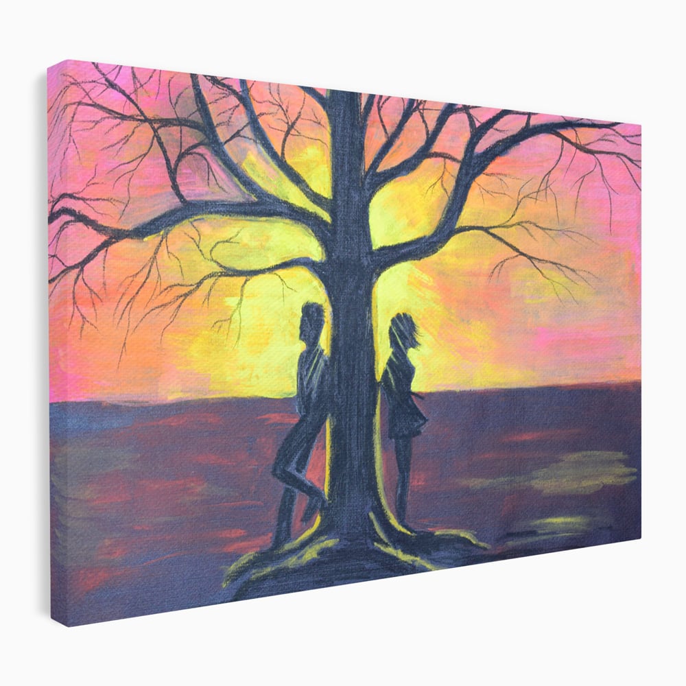 Leinwandbilder Premium LuxCanva® B1129, Paar bei Sonnenuntergang, Sonnenuntergang, Baum, Wohnen, Leben, Liebe, Er und Sie, Schlafzimmer, leuchtende Farben