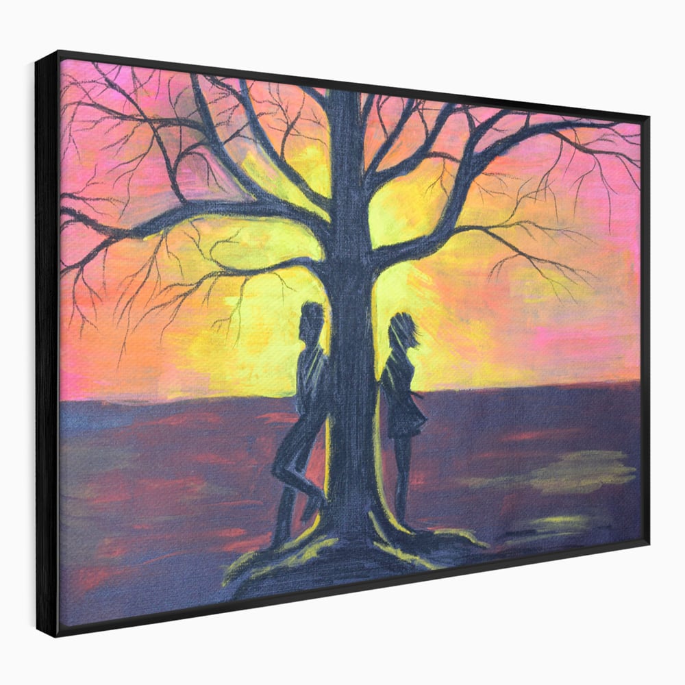 Leinwandbilder Premium LuxCanva® B1129, Paar bei Sonnenuntergang, Sonnenuntergang, Baum, Wohnen, Leben, Liebe, Er und Sie, Schlafzimmer, leuchtende Farben