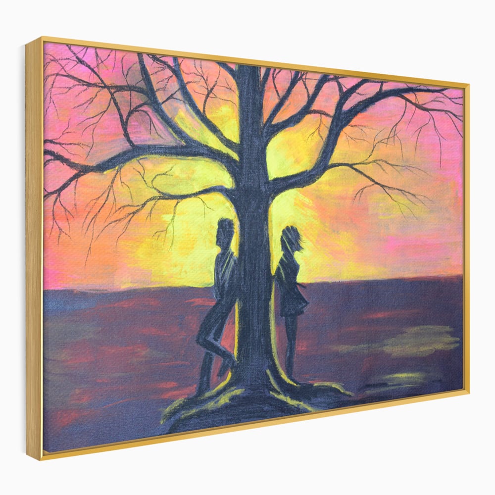 Leinwandbilder Premium LuxCanva® B1129, Paar bei Sonnenuntergang, Sonnenuntergang, Baum, Wohnen, Leben, Liebe, Er und Sie, Schlafzimmer, leuchtende Farben