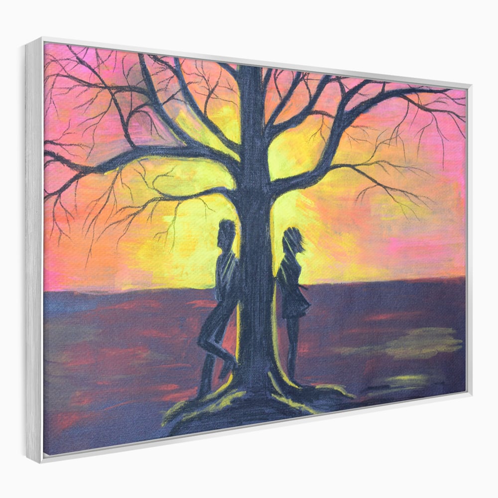 Leinwandbilder Premium LuxCanva® B1129, Paar bei Sonnenuntergang, Sonnenuntergang, Baum, Wohnen, Leben, Liebe, Er und Sie, Schlafzimmer, leuchtende Farben
