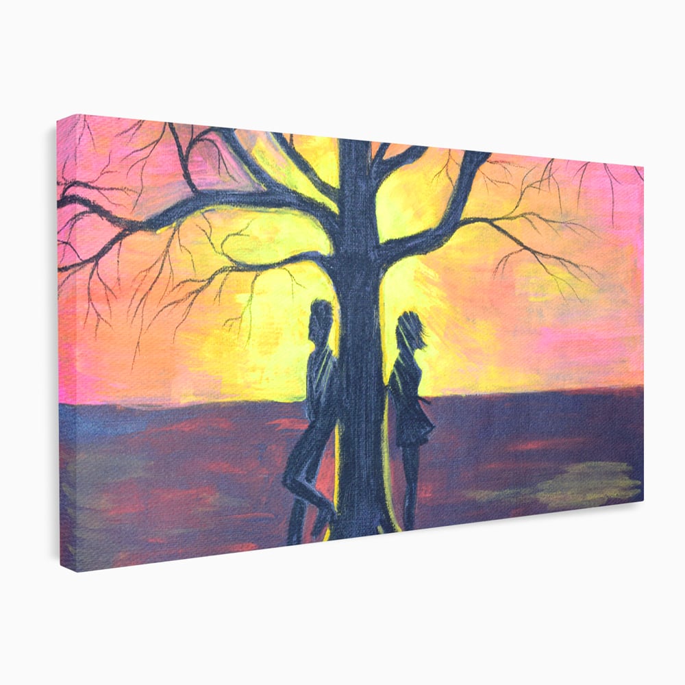 Leinwandbilder Premium LuxCanva® B1129, Paar bei Sonnenuntergang, Sonnenuntergang, Baum, Wohnen, Leben, Liebe, Er und Sie, Schlafzimmer, leuchtende Farben