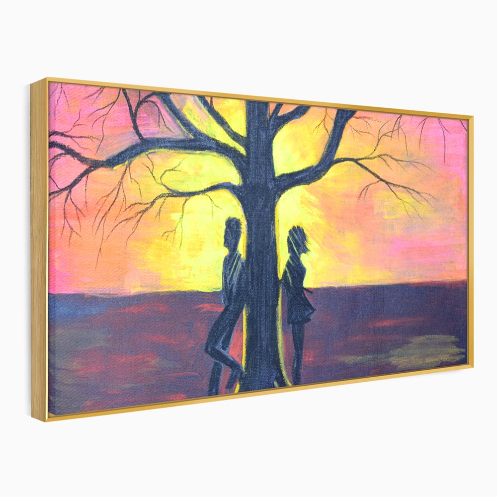 Leinwandbilder Premium LuxCanva® B1129, Paar bei Sonnenuntergang, Sonnenuntergang, Baum, Wohnen, Leben, Liebe, Er und Sie, Schlafzimmer, leuchtende Farben