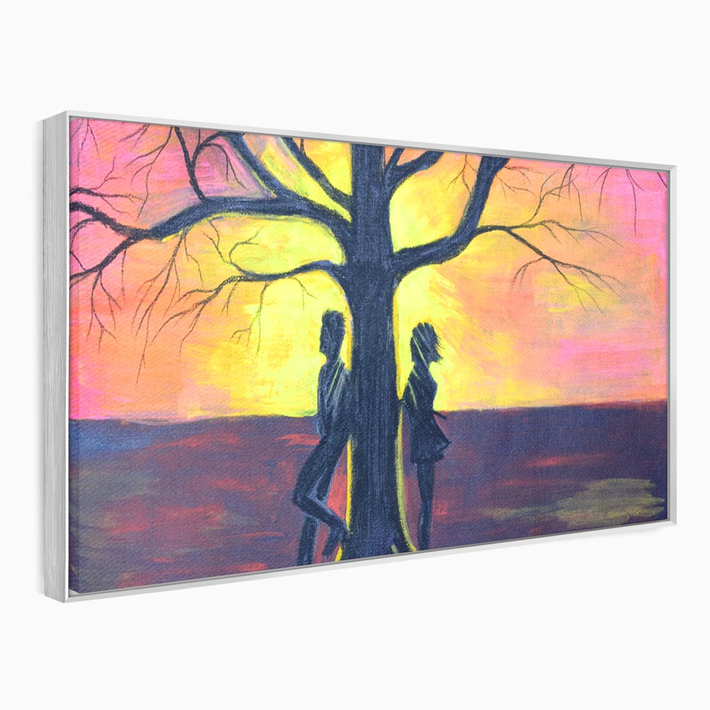 Leinwandbilder Premium LuxCanva® B1129, Paar bei Sonnenuntergang, Sonnenuntergang, Baum, Wohnen, Leben, Liebe, Er und Sie, Schlafzimmer, leuchtende Farben