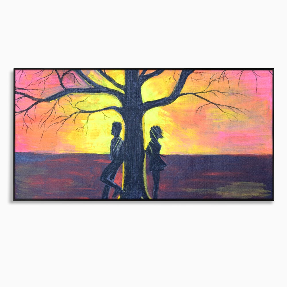 Leinwandbilder Premium LuxCanva® B1129, Paar bei Sonnenuntergang, Sonnenuntergang, Baum, Wohnen, Leben, Liebe, Er und Sie, Schlafzimmer, leuchtende Farben
