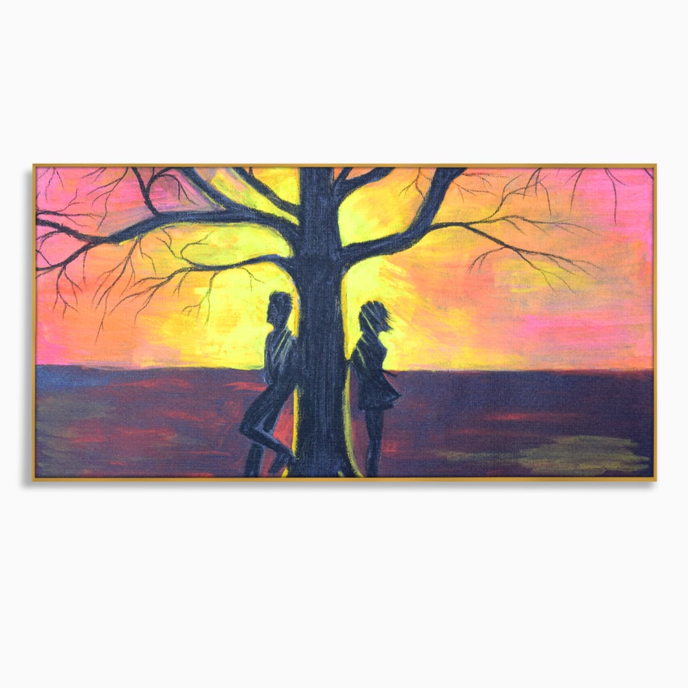 Leinwandbilder Premium LuxCanva® B1129, Paar bei Sonnenuntergang, Sonnenuntergang, Baum, Wohnen, Leben, Liebe, Er und Sie, Schlafzimmer, leuchtende Farben