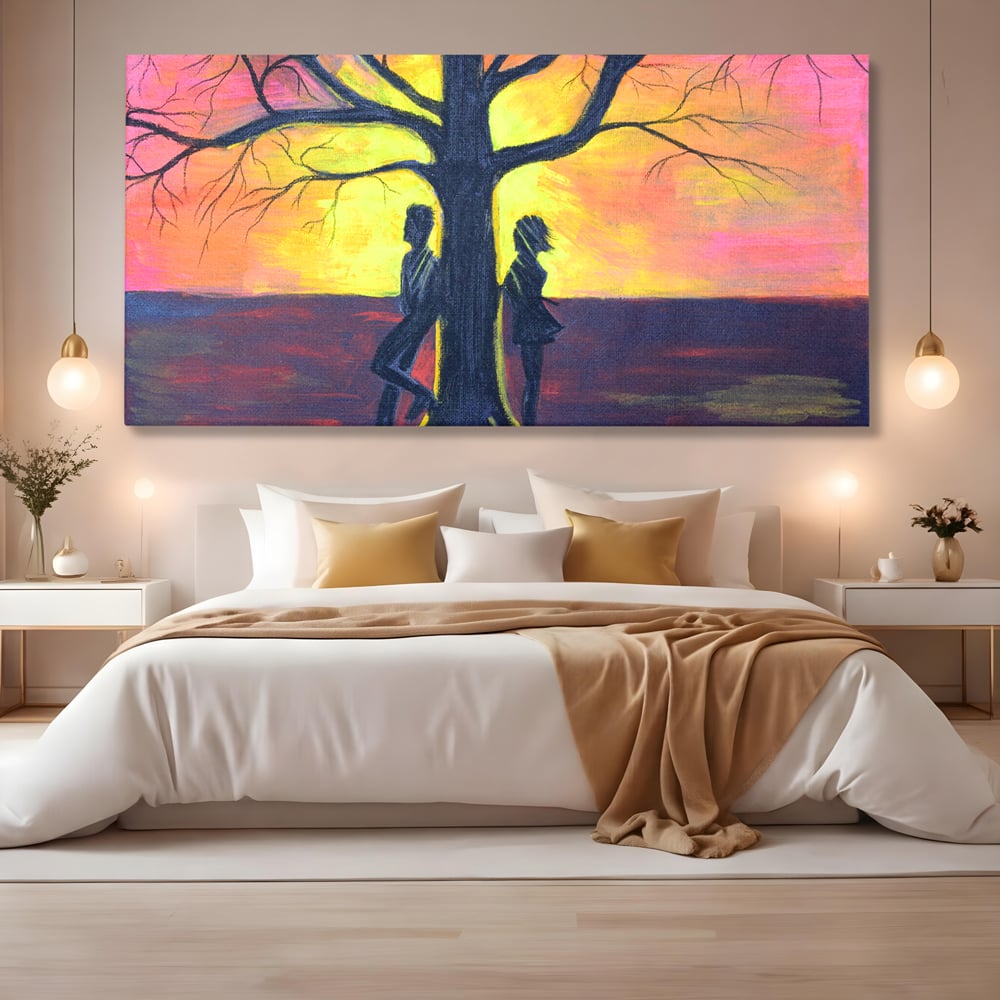Leinwandbilder Premium LuxCanva® B1129, Paar bei Sonnenuntergang, Sonnenuntergang, Baum, Wohnen, Leben, Liebe, Er und Sie, Schlafzimmer, leuchtende Farben