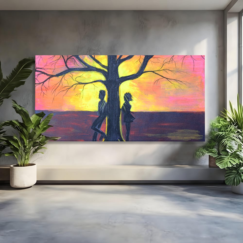 Leinwandbilder Premium LuxCanva® B1129, Paar bei Sonnenuntergang, Sonnenuntergang, Baum, Wohnen, Leben, Liebe, Er und Sie, Schlafzimmer, leuchtende Farben