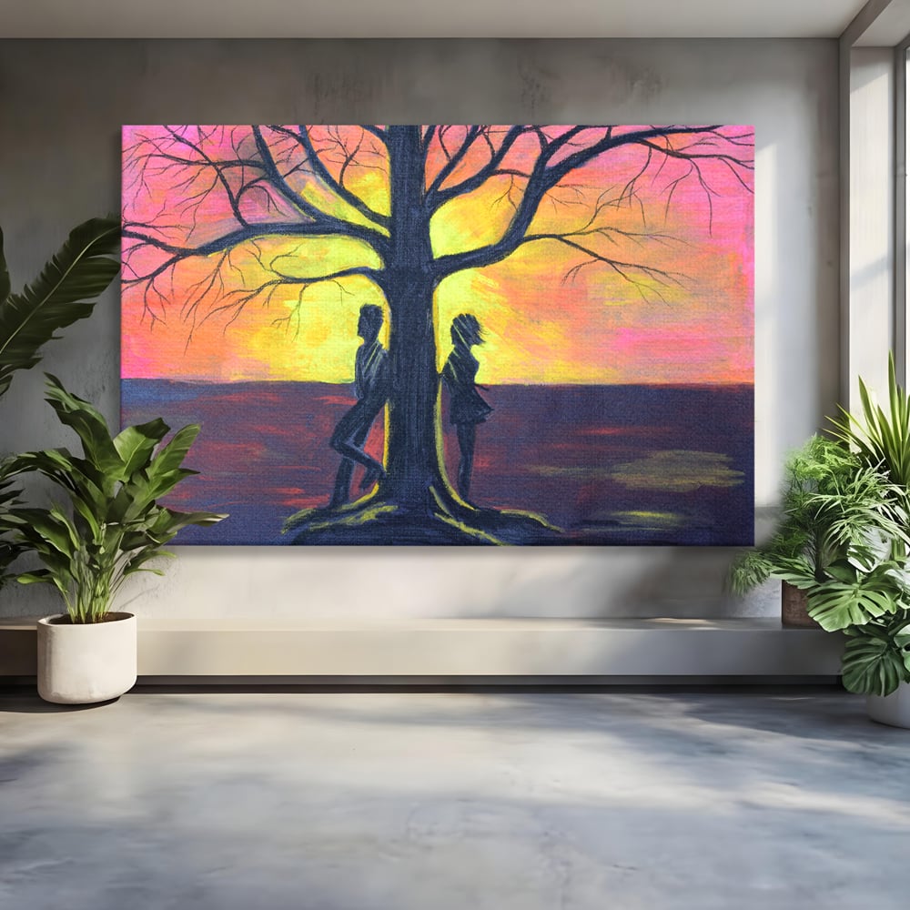 Leinwandbilder Premium LuxCanva® B1129, Paar bei Sonnenuntergang, Sonnenuntergang, Baum, Wohnen, Leben, Liebe, Er und Sie, Schlafzimmer, leuchtende Farben