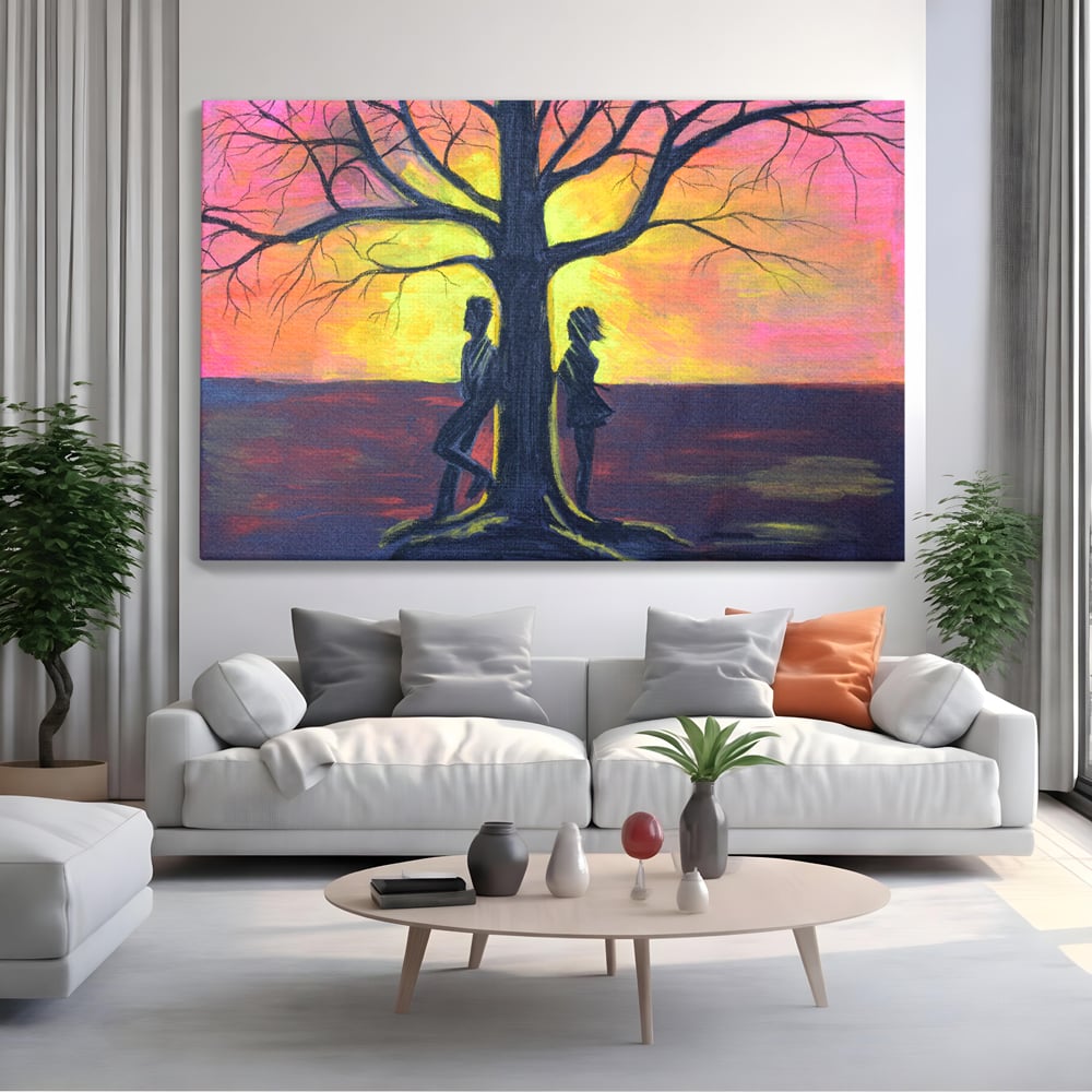 Leinwandbilder Premium LuxCanva® B1129, Paar bei Sonnenuntergang, Sonnenuntergang, Baum, Wohnen, Leben, Liebe, Er und Sie, Schlafzimmer, leuchtende Farben