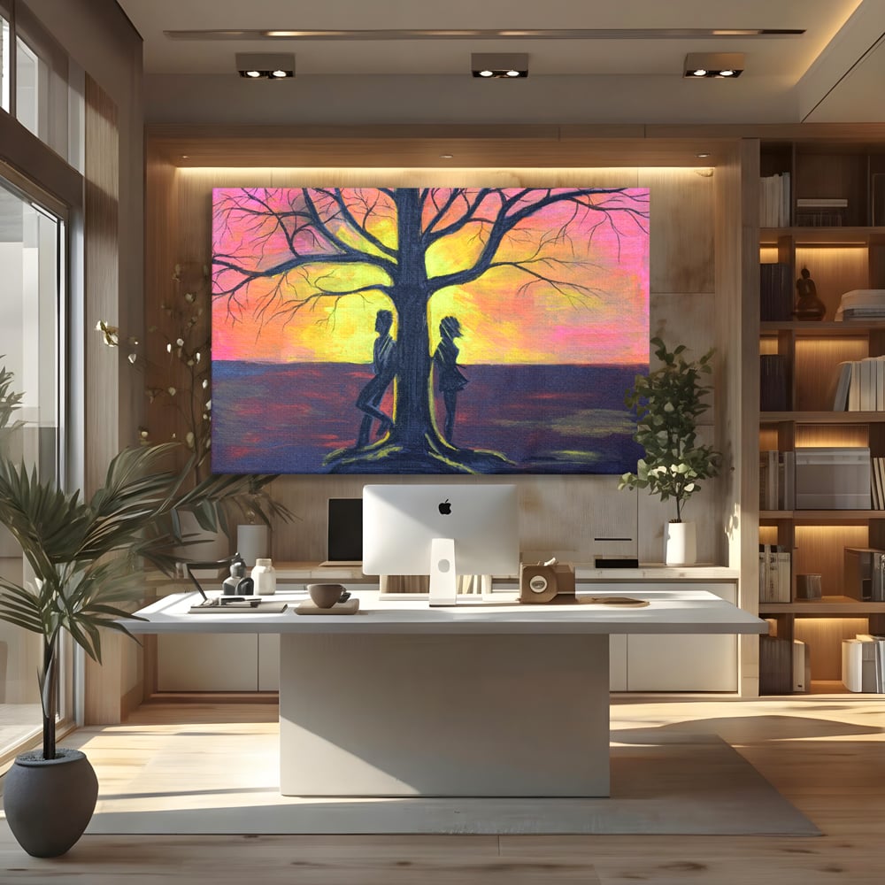 Leinwandbilder Premium LuxCanva® B1129, Paar bei Sonnenuntergang, Sonnenuntergang, Baum, Wohnen, Leben, Liebe, Er und Sie, Schlafzimmer, leuchtende Farben