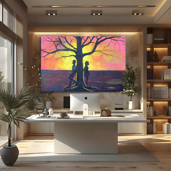 Leinwandbilder Premium LuxCanva® B1129, Paar bei Sonnenuntergang, Sonnenuntergang, Baum, Wohnen, Leben, Liebe, Er und Sie, Schlafzimmer, leuchtende Farben