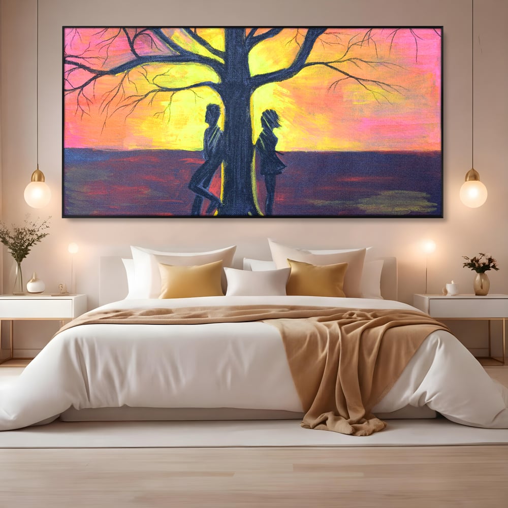 Leinwandbilder Premium LuxCanva® B1129, Paar bei Sonnenuntergang, Sonnenuntergang, Baum, Wohnen, Leben, Liebe, Er und Sie, Schlafzimmer, leuchtende Farben