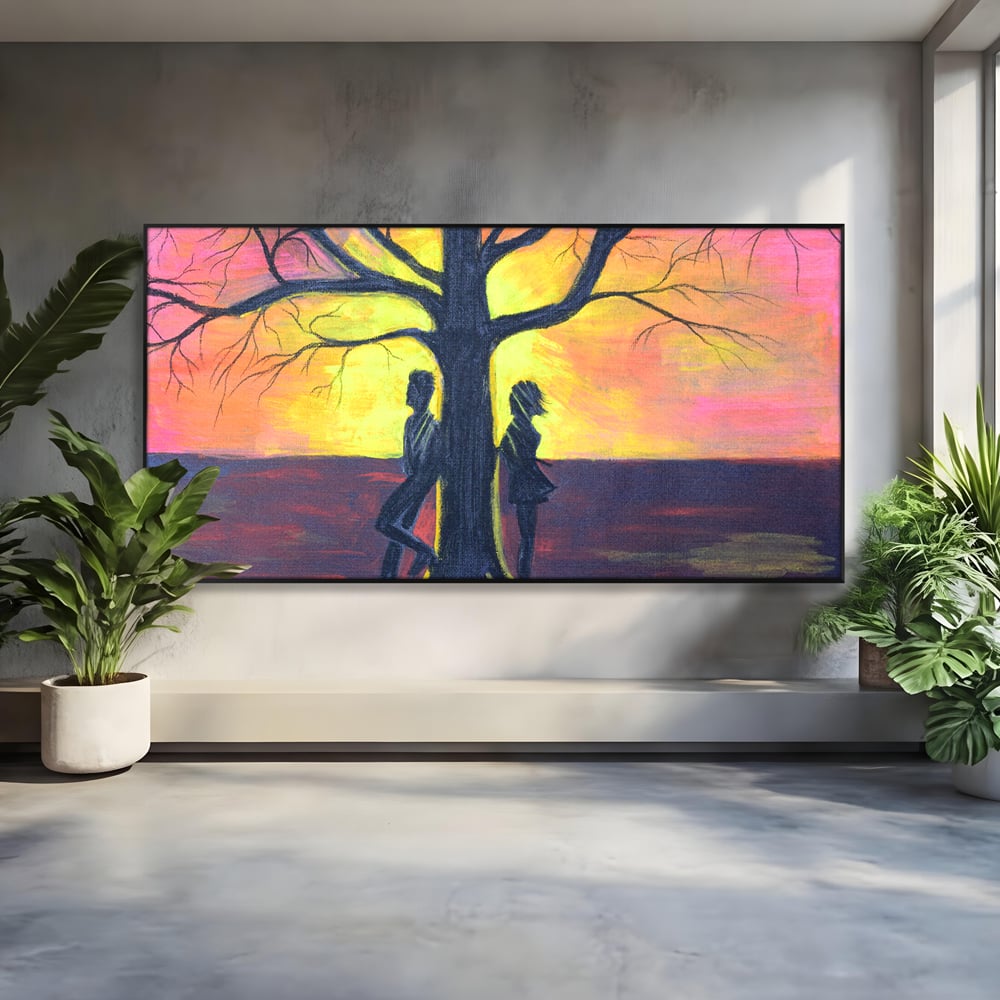 Leinwandbilder Premium LuxCanva® B1129, Paar bei Sonnenuntergang, Sonnenuntergang, Baum, Wohnen, Leben, Liebe, Er und Sie, Schlafzimmer, leuchtende Farben