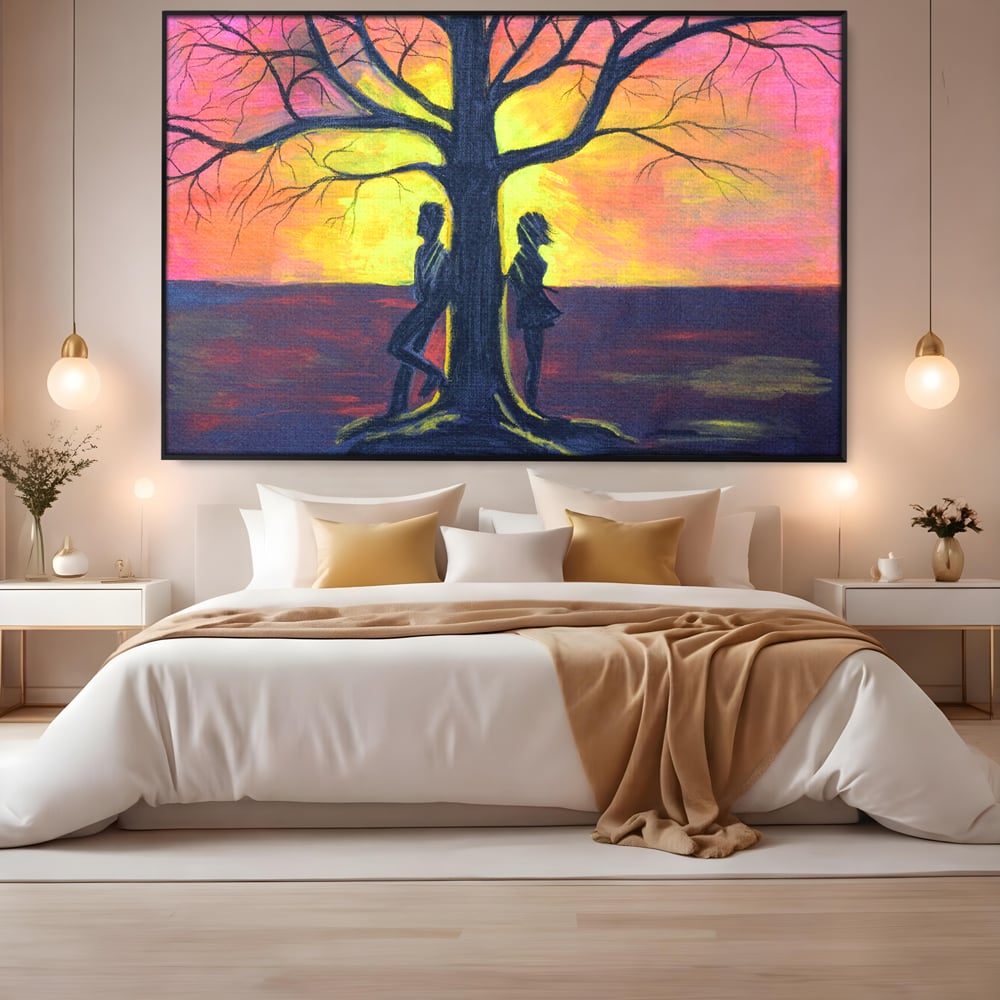 Leinwandbilder Premium LuxCanva® B1129, Paar bei Sonnenuntergang, Sonnenuntergang, Baum, Wohnen, Leben, Liebe, Er und Sie, Schlafzimmer, leuchtende Farben