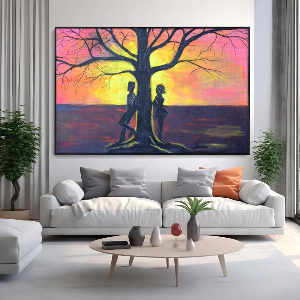 Leinwandbilder Premium LuxCanva® B1129, Paar bei Sonnenuntergang, Sonnenuntergang, Baum, Wohnen, Leben, Liebe, Er und Sie, Schlafzimmer, leuchtende Farben