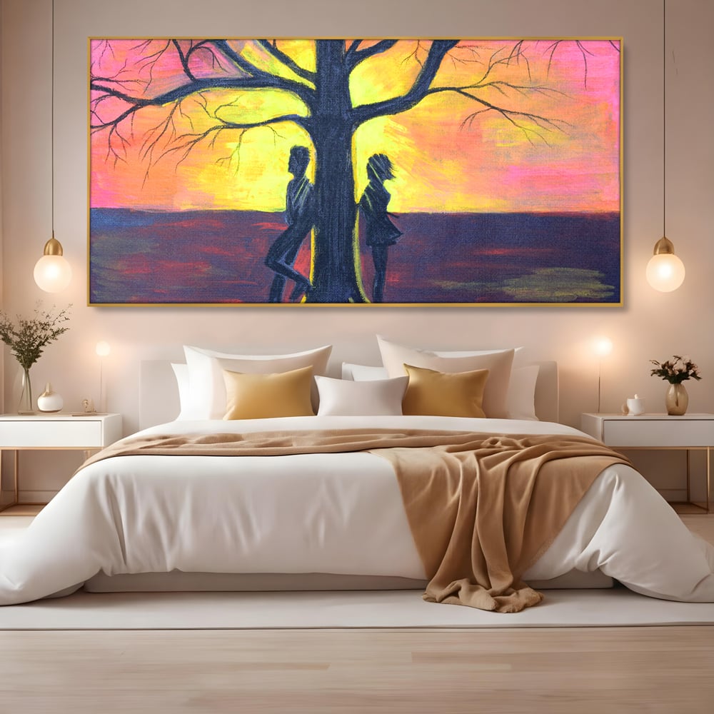 Leinwandbilder Premium LuxCanva® B1129, Paar bei Sonnenuntergang, Sonnenuntergang, Baum, Wohnen, Leben, Liebe, Er und Sie, Schlafzimmer, leuchtende Farben