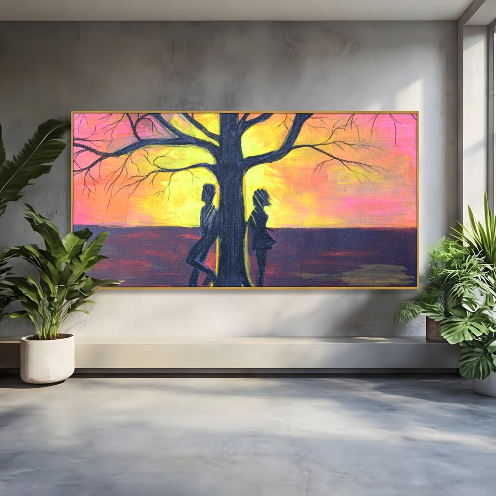 Leinwandbilder Premium LuxCanva® B1129, Paar bei Sonnenuntergang, Sonnenuntergang, Baum, Wohnen, Leben, Liebe, Er und Sie, Schlafzimmer, leuchtende Farben