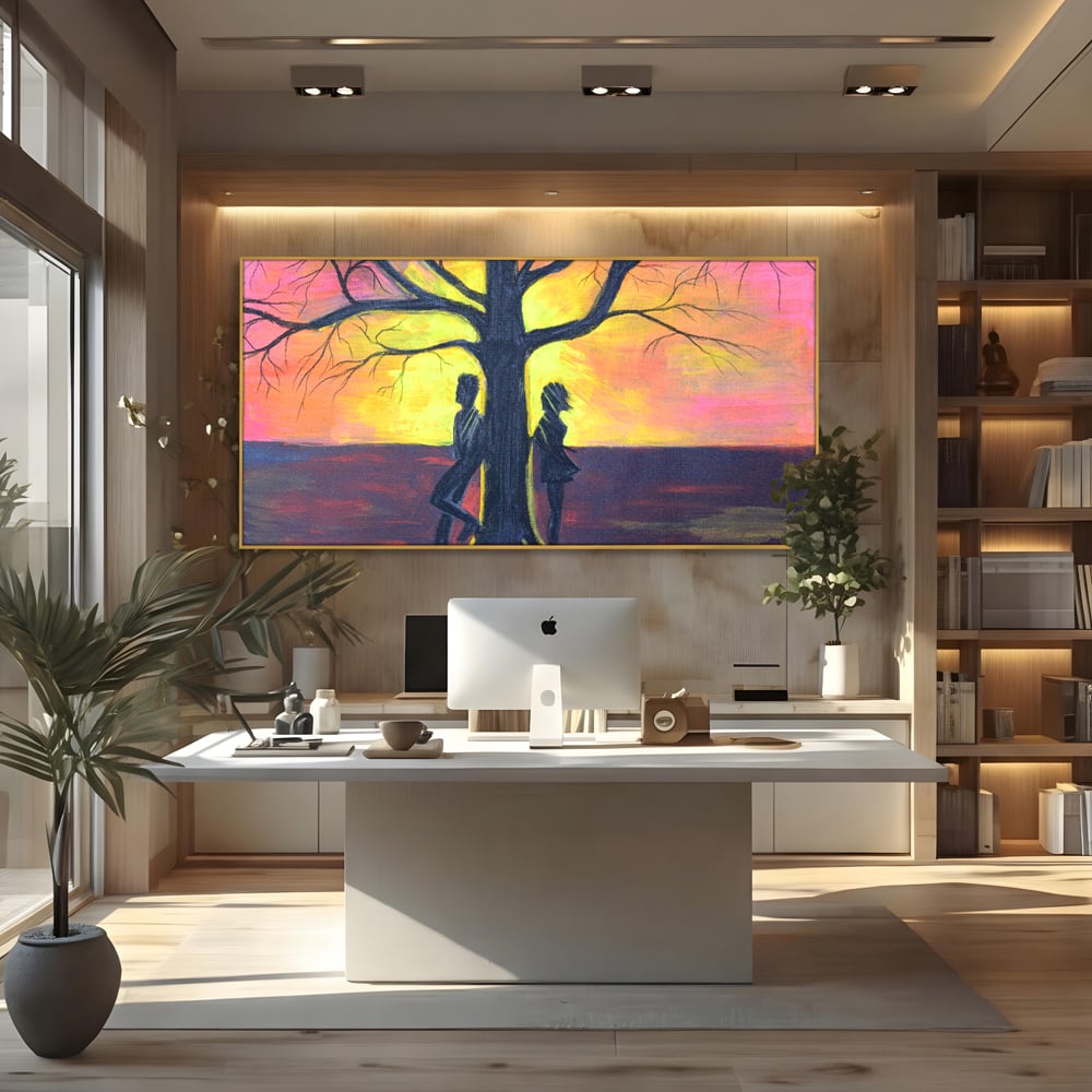 Leinwandbilder Premium LuxCanva® B1129, Paar bei Sonnenuntergang, Sonnenuntergang, Baum, Wohnen, Leben, Liebe, Er und Sie, Schlafzimmer, leuchtende Farben