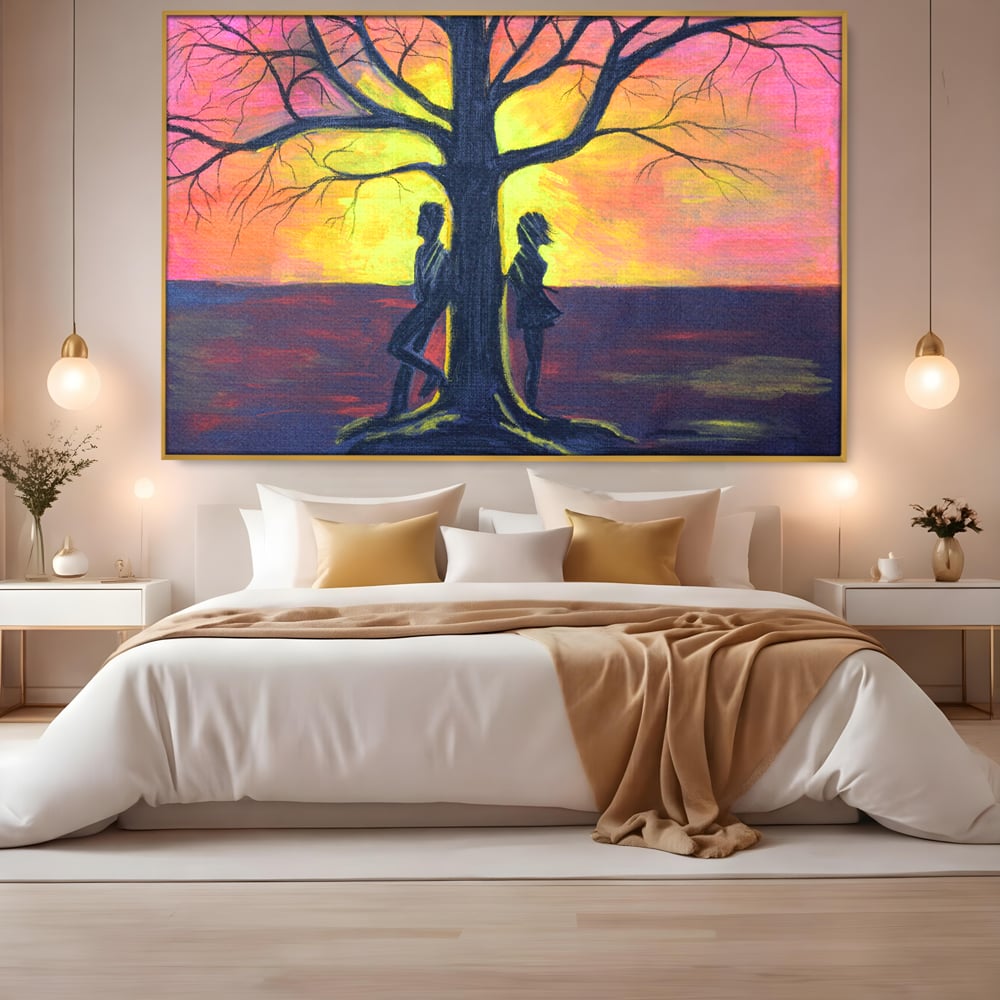 Leinwandbilder Premium LuxCanva® B1129, Paar bei Sonnenuntergang, Sonnenuntergang, Baum, Wohnen, Leben, Liebe, Er und Sie, Schlafzimmer, leuchtende Farben