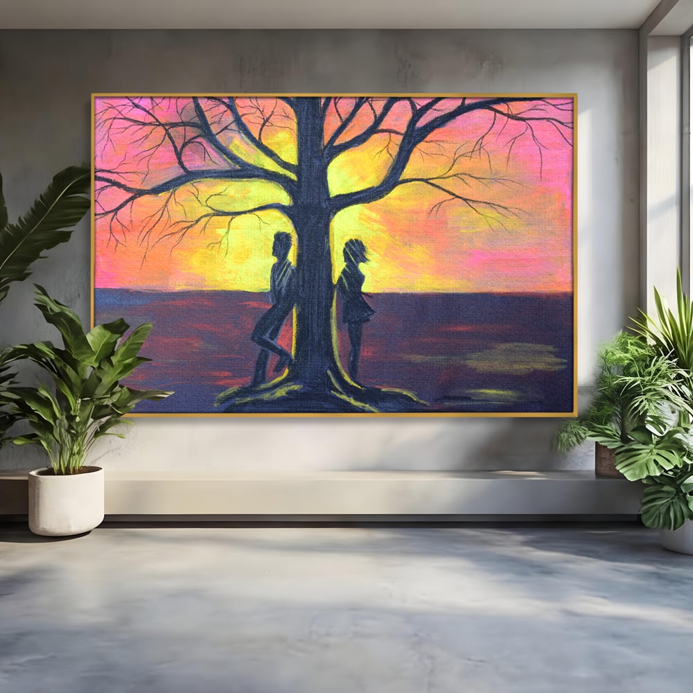 Leinwandbilder Premium LuxCanva® B1129, Paar bei Sonnenuntergang, Sonnenuntergang, Baum, Wohnen, Leben, Liebe, Er und Sie, Schlafzimmer, leuchtende Farben
