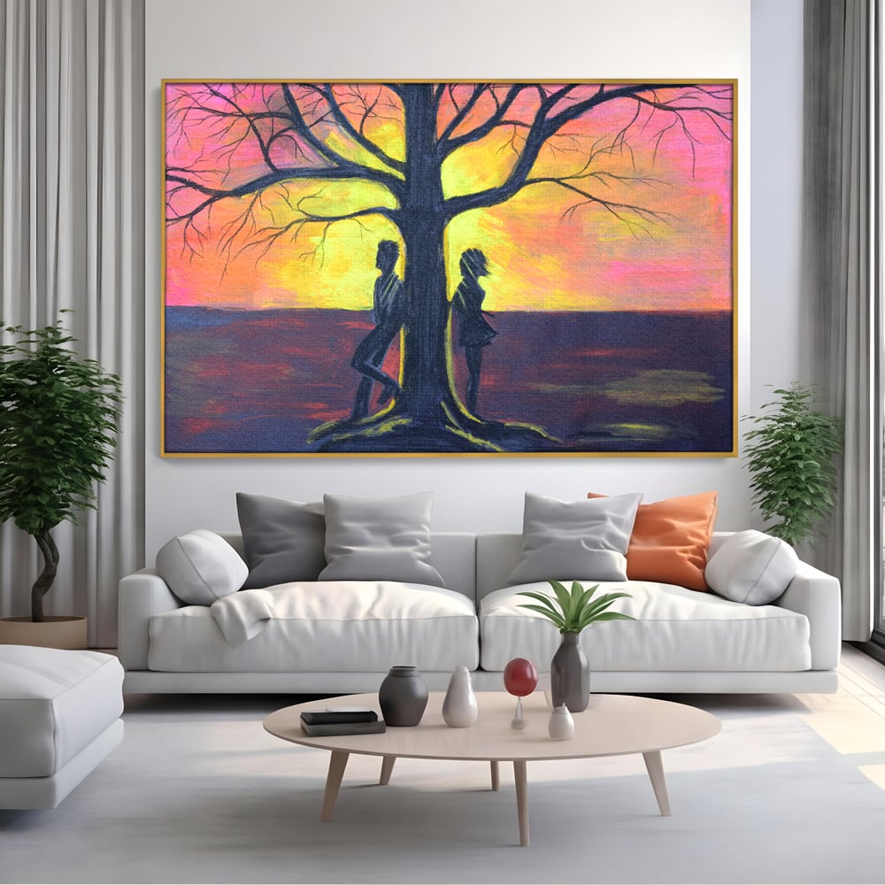 Leinwandbilder Premium LuxCanva® B1129, Paar bei Sonnenuntergang, Sonnenuntergang, Baum, Wohnen, Leben, Liebe, Er und Sie, Schlafzimmer, leuchtende Farben