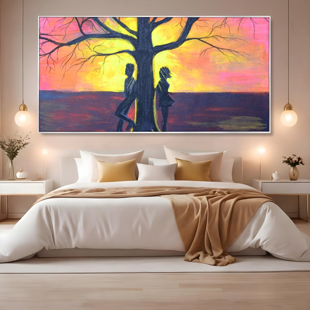 Leinwandbilder Premium LuxCanva® B1129, Paar bei Sonnenuntergang, Sonnenuntergang, Baum, Wohnen, Leben, Liebe, Er und Sie, Schlafzimmer, leuchtende Farben