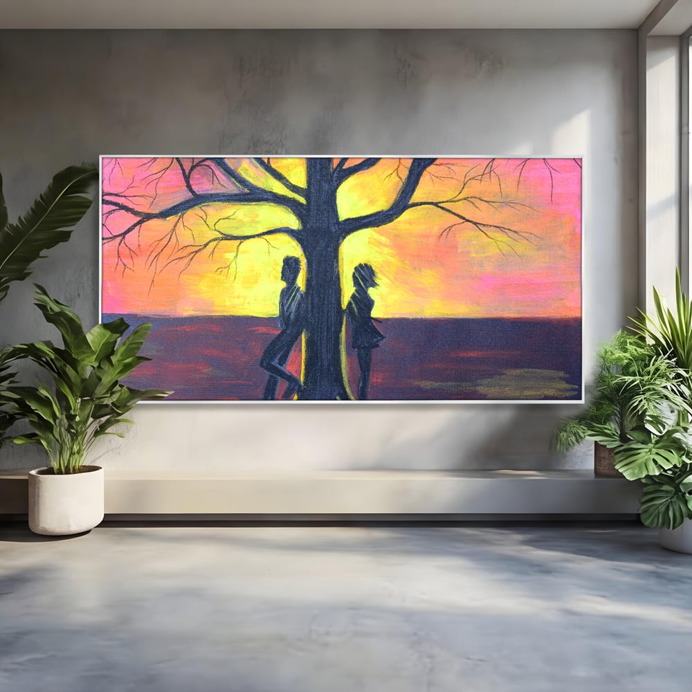 Leinwandbilder Premium LuxCanva® B1129, Paar bei Sonnenuntergang, Sonnenuntergang, Baum, Wohnen, Leben, Liebe, Er und Sie, Schlafzimmer, leuchtende Farben