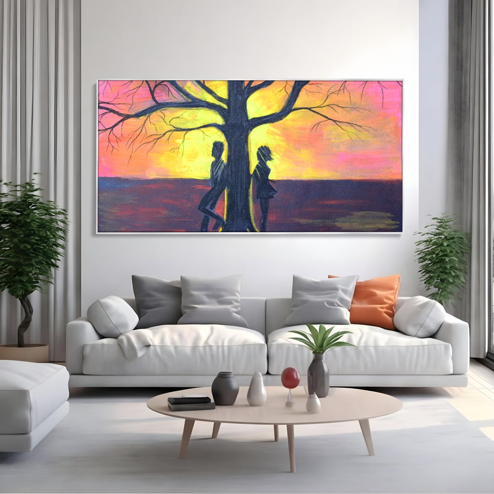 Leinwandbilder Premium LuxCanva® B1129, Paar bei Sonnenuntergang, Sonnenuntergang, Baum, Wohnen, Leben, Liebe, Er und Sie, Schlafzimmer, leuchtende Farben