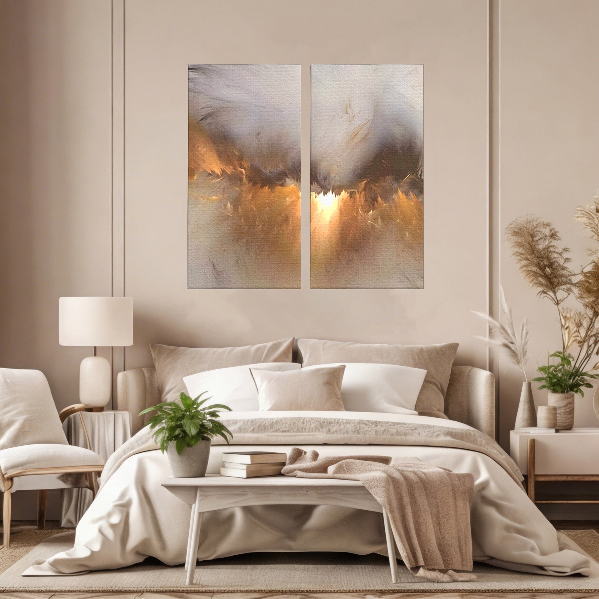 Set 2 Tablouri Canvas Premium LuxCanva® B2-1082, Divina Lumina, Living, Abstract, Rasarit, Dormitor, Lumina, Liniste, Pace, Culori Vibrante